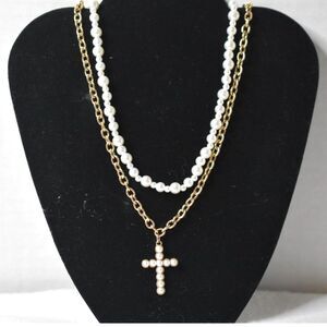 PrettyLittleThing Double Strand Faux Pearl/Cross Gold Tone Chain 20" Necklace